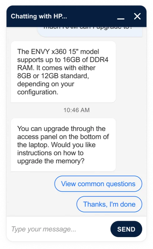 Active chat state with a brand expert answering a shopper's question