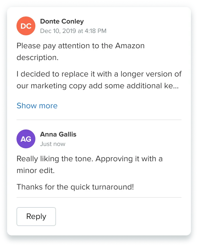 Comment thread showing a conversation between Donte Conley and Anna Gallis reviewing product description changes
