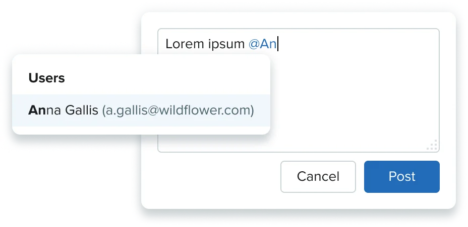 Comment composer with @mention dropdown showing Anna Gallis as a suggested user