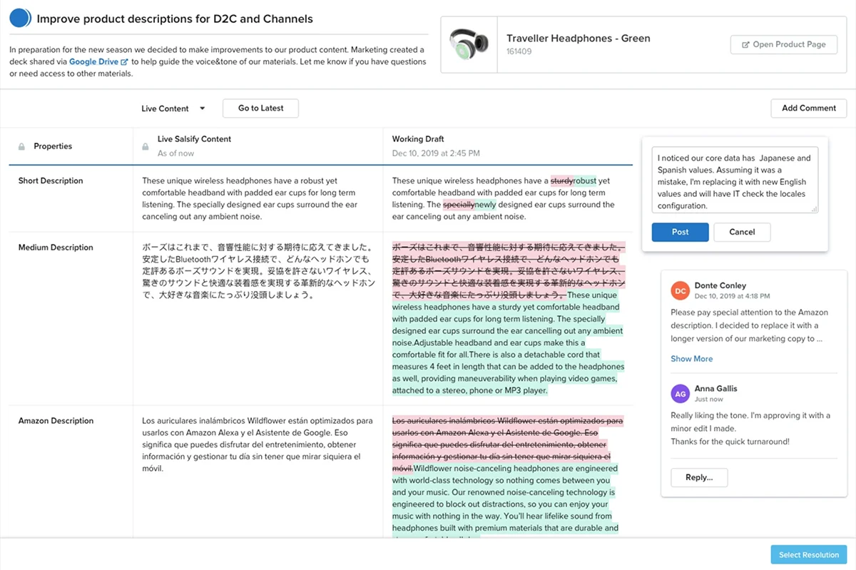 Side-by-side content comparison view showing live Salsify content versus a working draft, with inline comments from team members