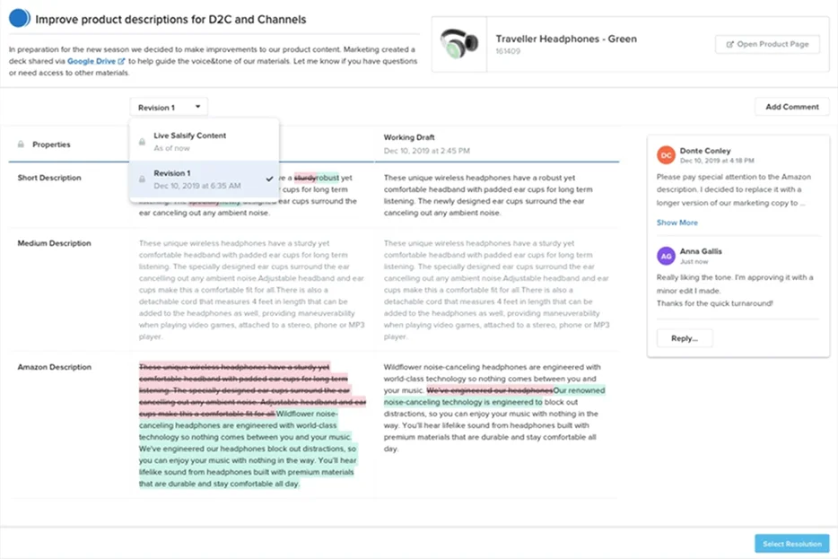 Version history dropdown showing Live Salsify Content and Revision 1 options, with diff view highlighting content changes